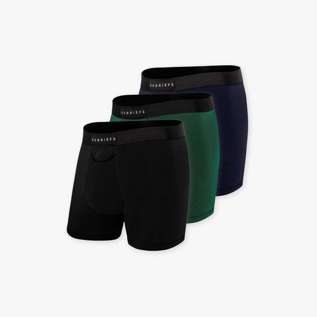 3 pack of men's boxer briefs underwear in black, forest green and midnight blue