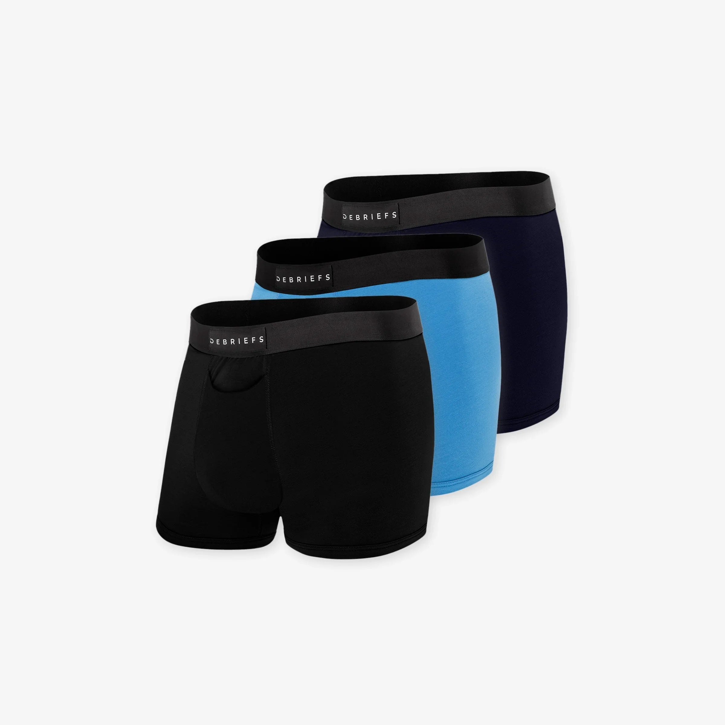 3 pack of men's trunks underwear in black, blue and navy