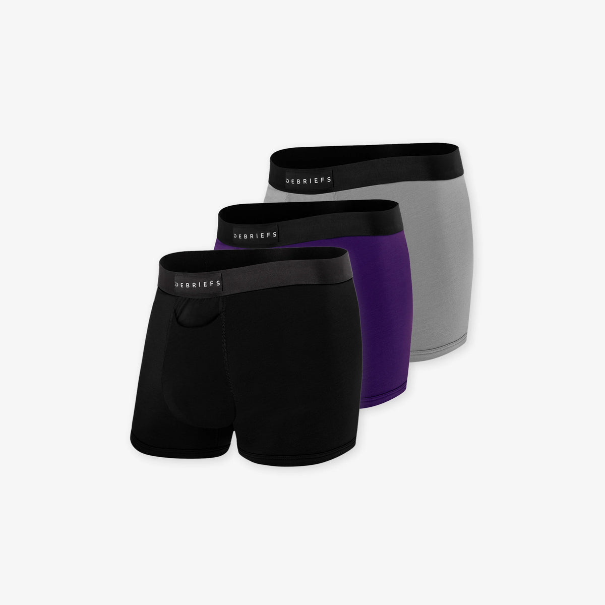 3 pack of men's trunks underwear in black, deep purple and grey
