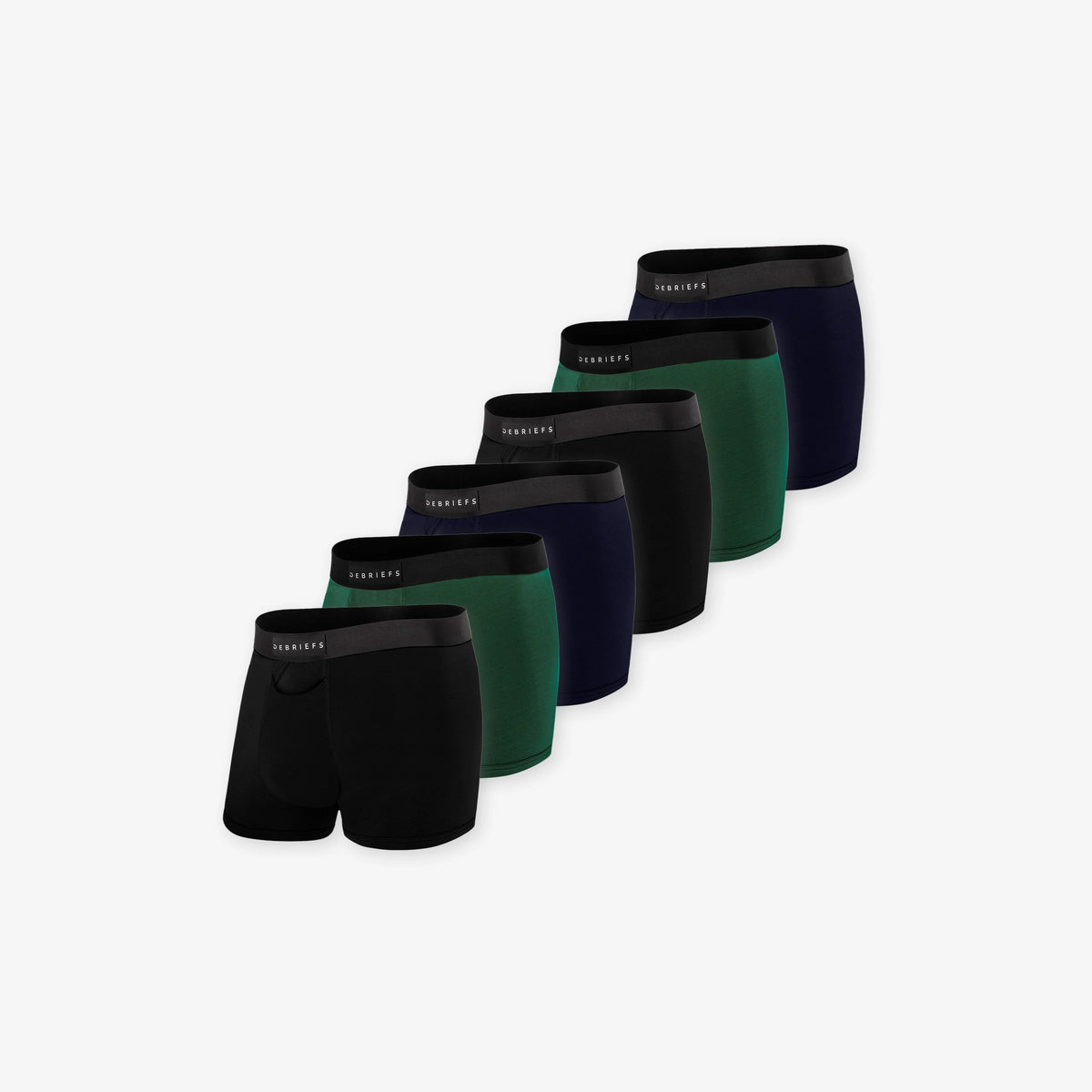 6 pack of men's trunks underwear in black, forest green and midnight blue
