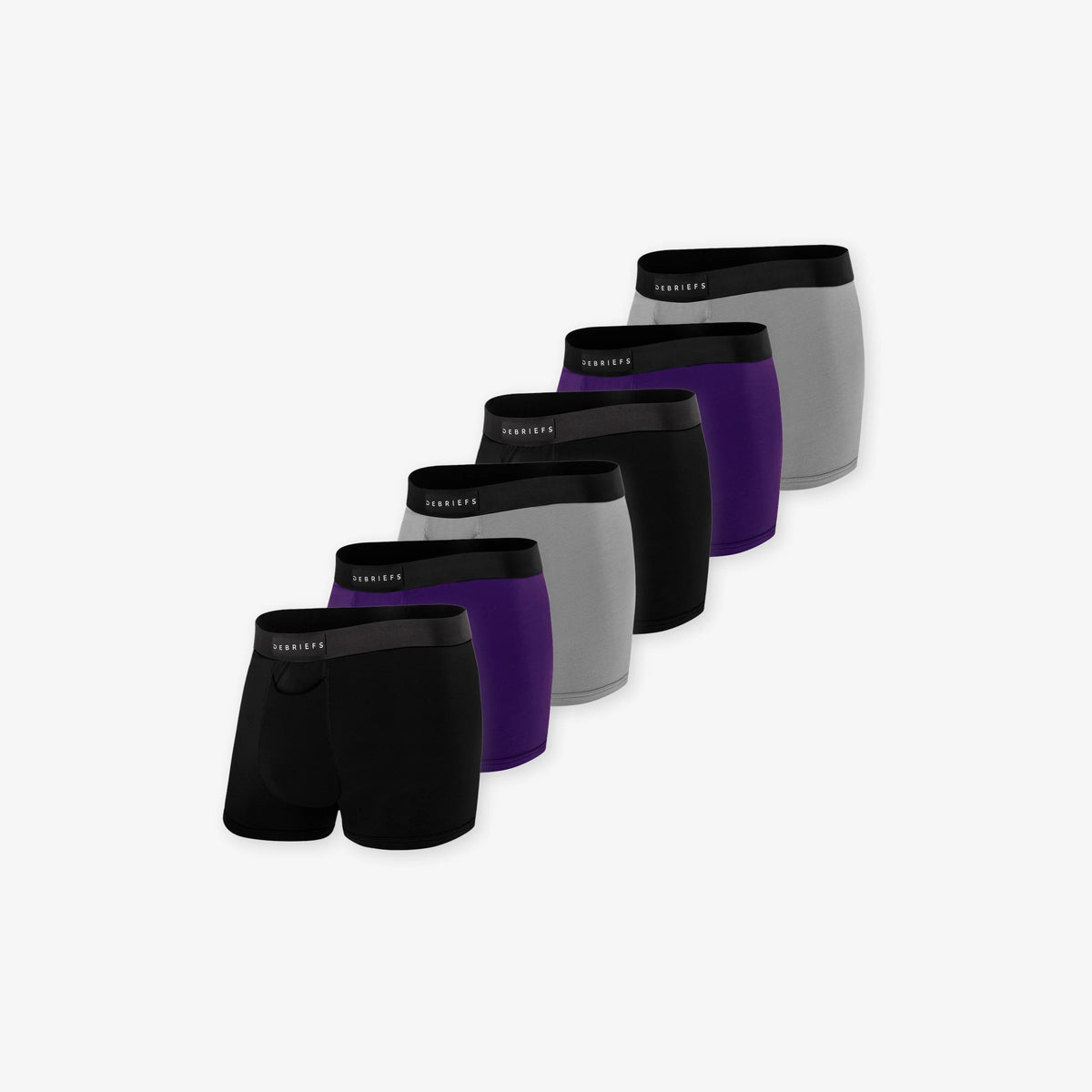 6 pack of men's trunks underwear in black, deep purple and grey
